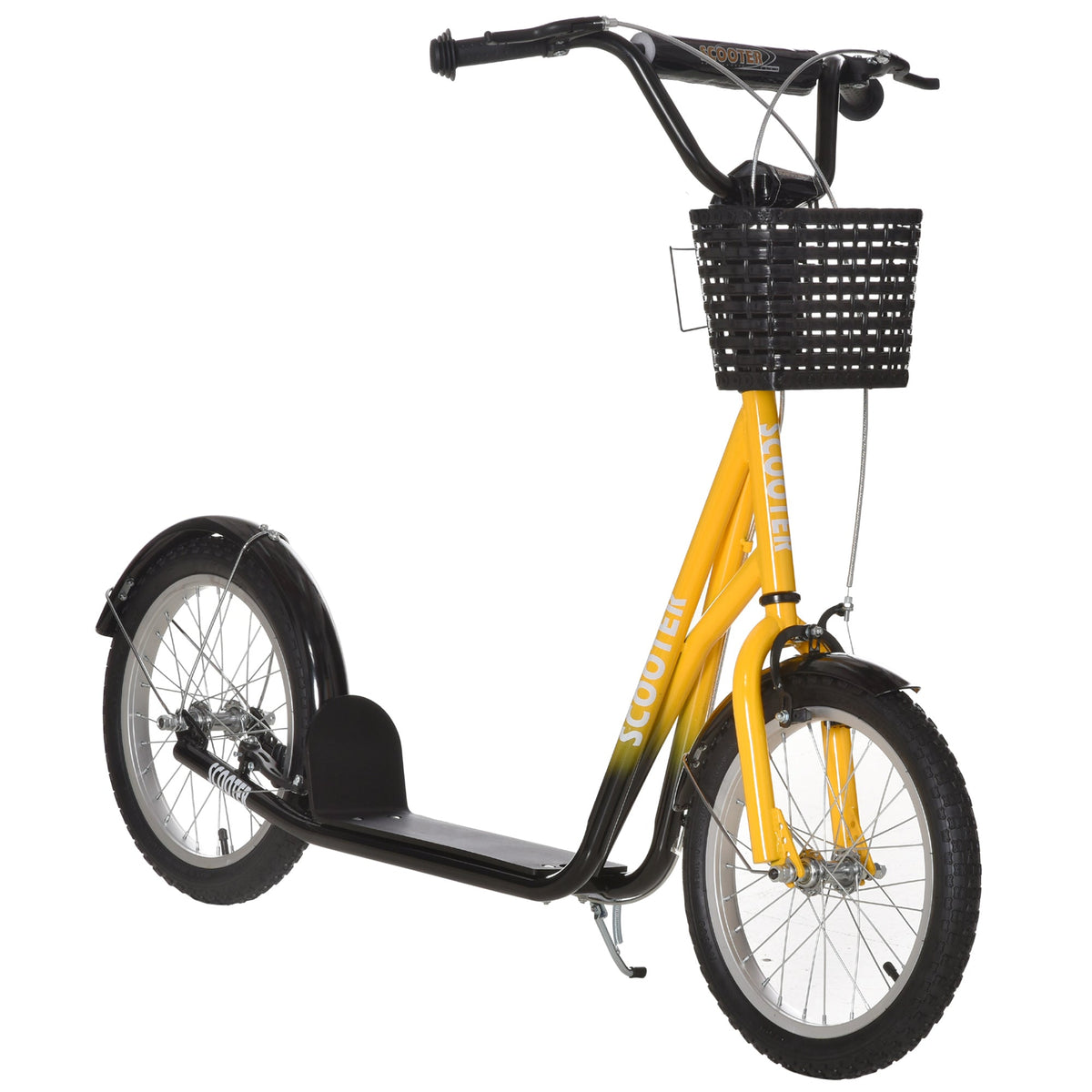 Yellow and black homcom kids scooter with adjustable handlebar dual braking front basket and wide foot deck