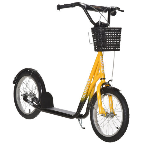 Yellow and black homcom kids scooter with adjustable handlebar dual braking front basket and wide foot deck
