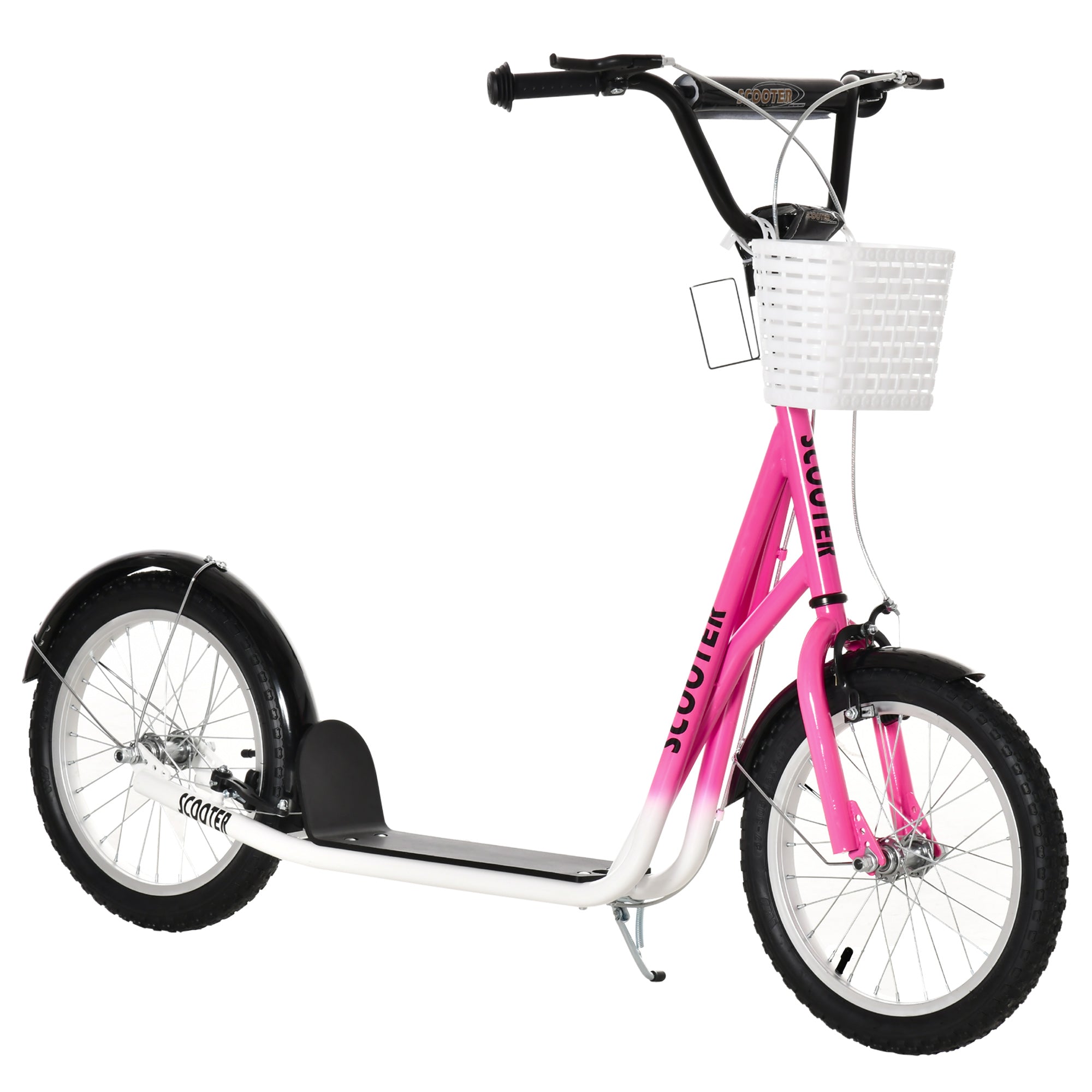 Pink and white gradient HOMCOM kids scooter with adjustable handlebar dual braking and a white woven basket on front