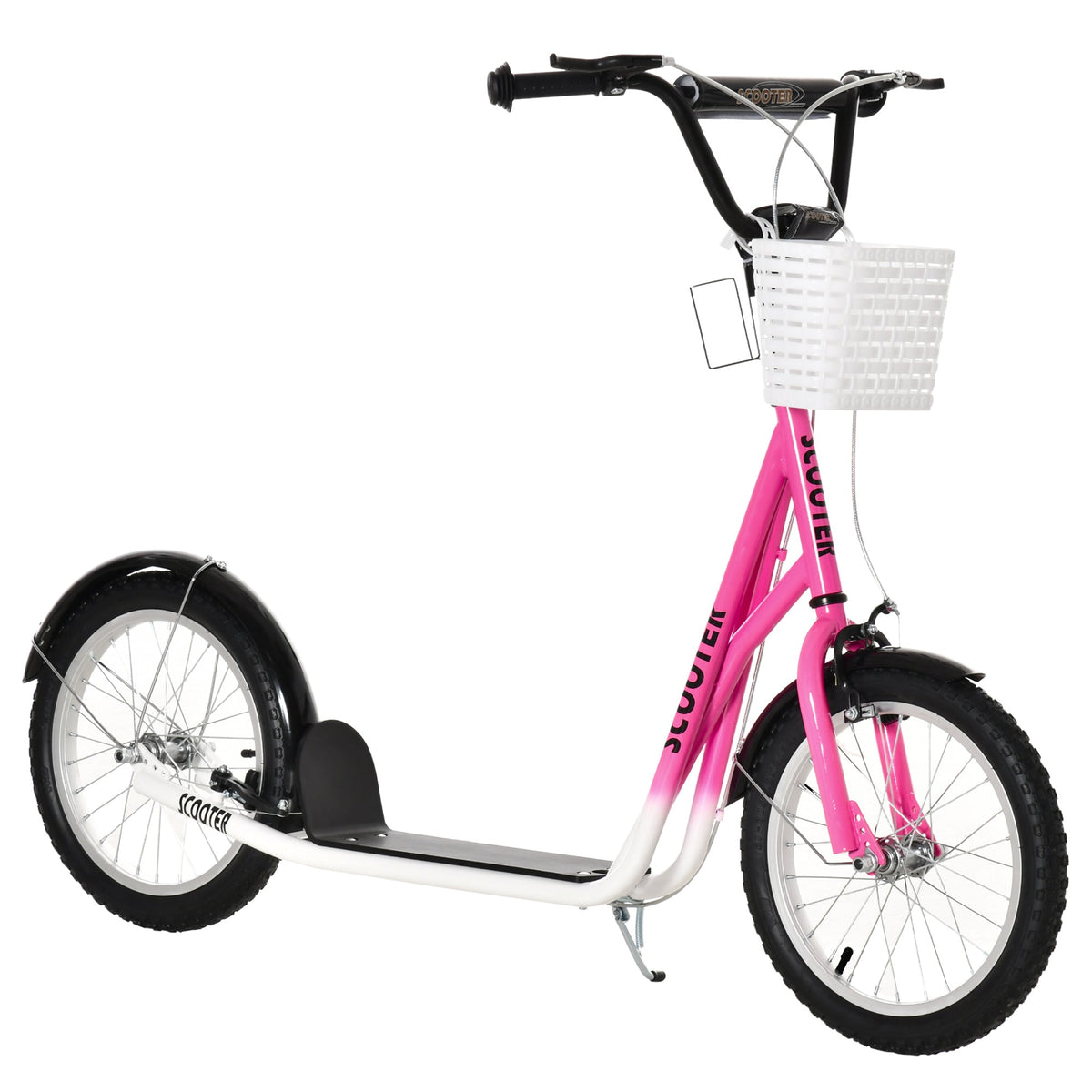 Pink and white gradient HOMCOM kids scooter with adjustable handlebar dual braking and a white woven basket on front