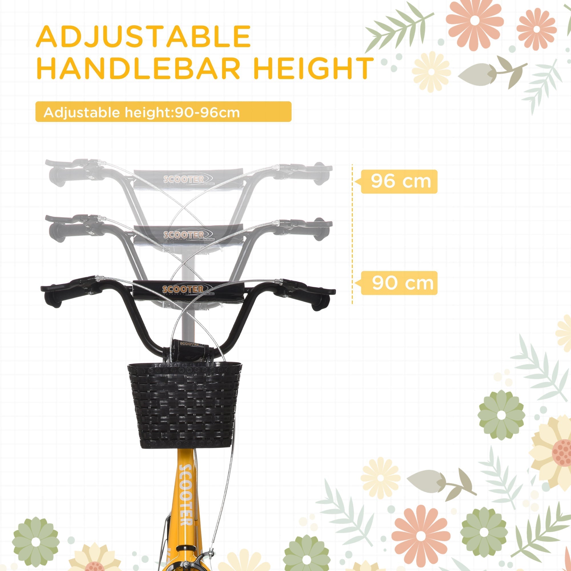 Black woven basket mounted on orange homcom kids scooter with adjustable handlebar and dual braking system