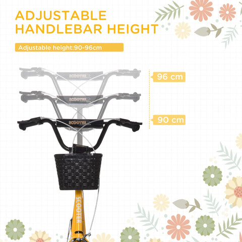 Black woven basket mounted on orange homcom kids scooter with adjustable handlebar and dual braking system