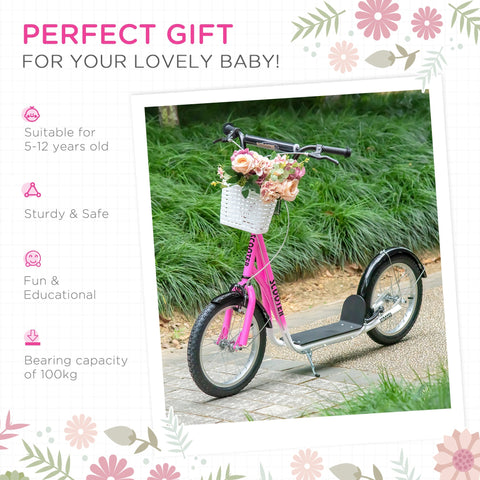 Pink homcom kids scooter with adjustable handlebar, dual braking, white basket with flowers, black wheels and handlebars