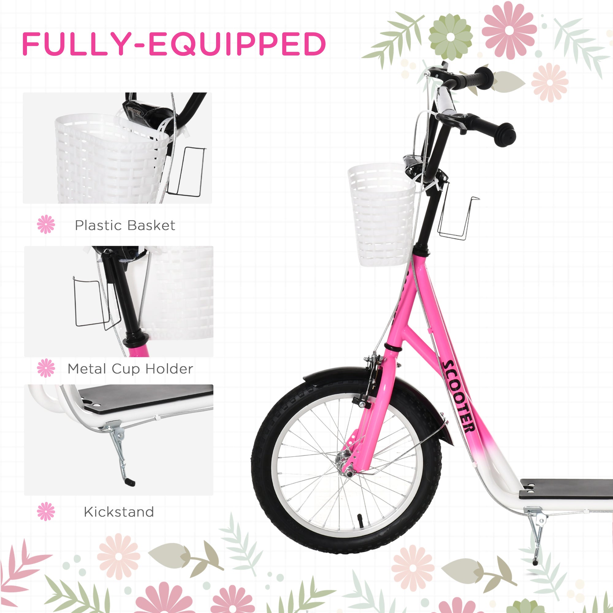 Pink and white gradient homcom kids scooter with adjustable handlebar dual braking basket and cupholder for ages 5 to 12