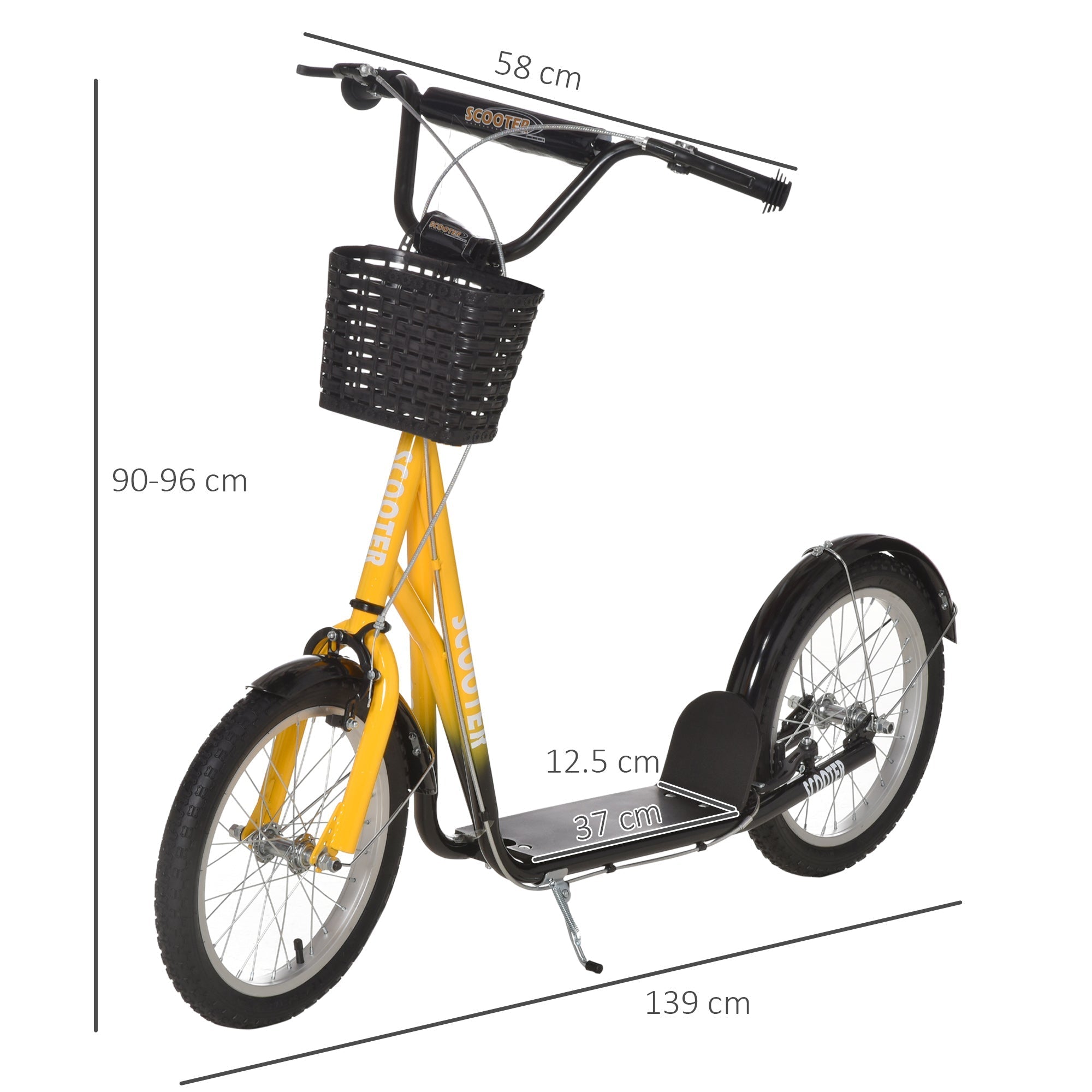 Yellow and black hoover kids scooter with adjustable handlebar dual braking wide foot deck and front basket