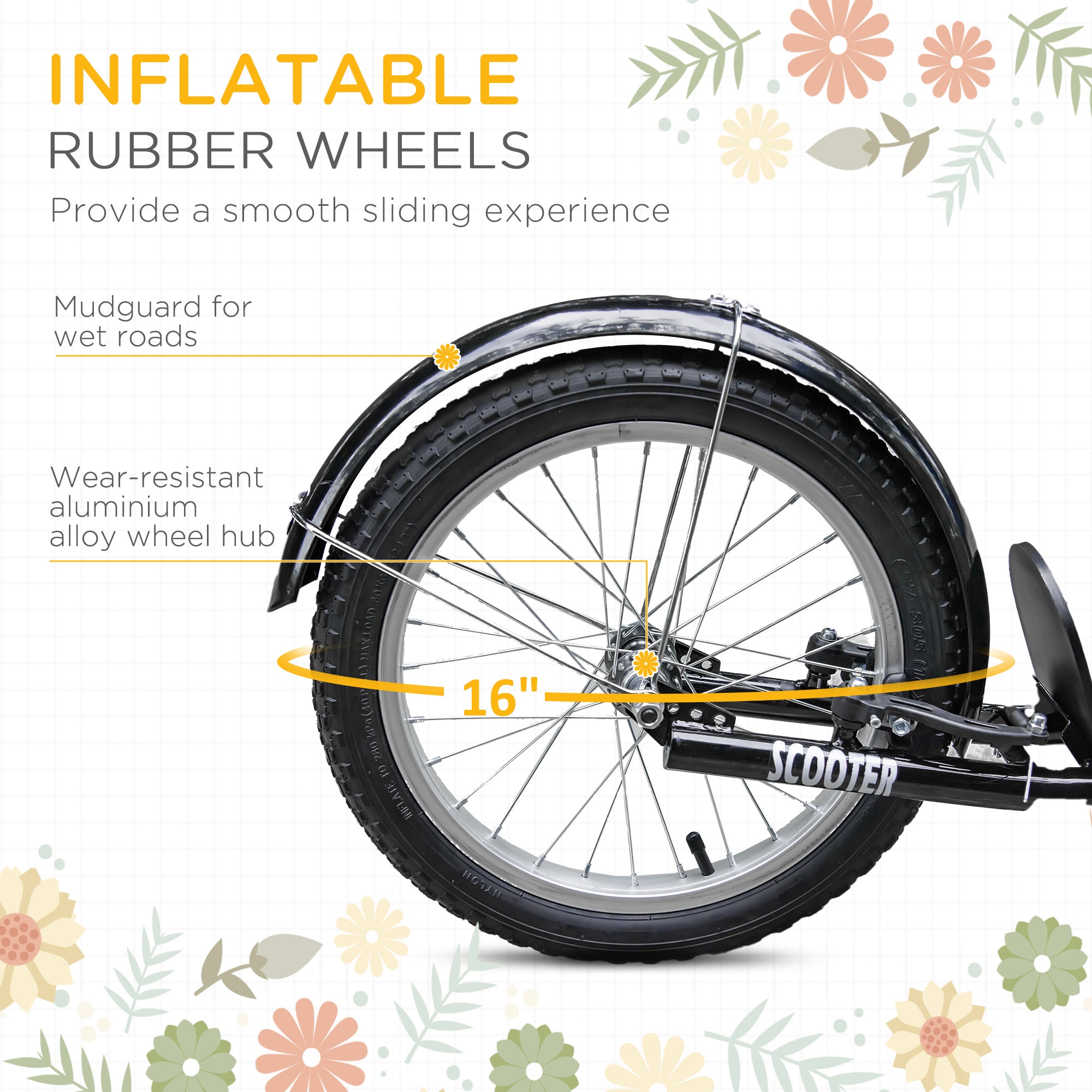 Black 16-inch inflatable rubber wheel with aluminum hub and mudguard on orange HOMCOM kids scooter with adjustable handlebar and dual braking