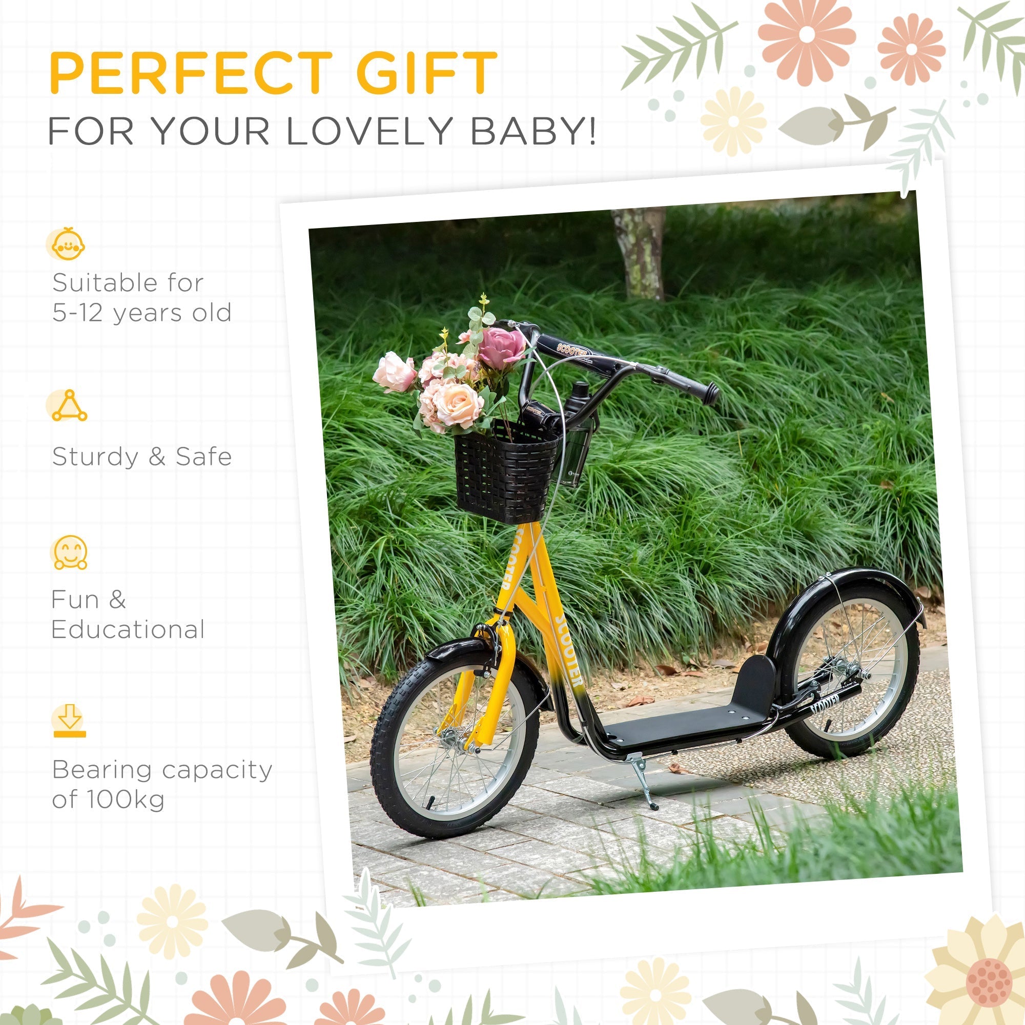 Homcom kids scooter in yellow and black with adjustable handlebar dual braking and front basket holding flowers