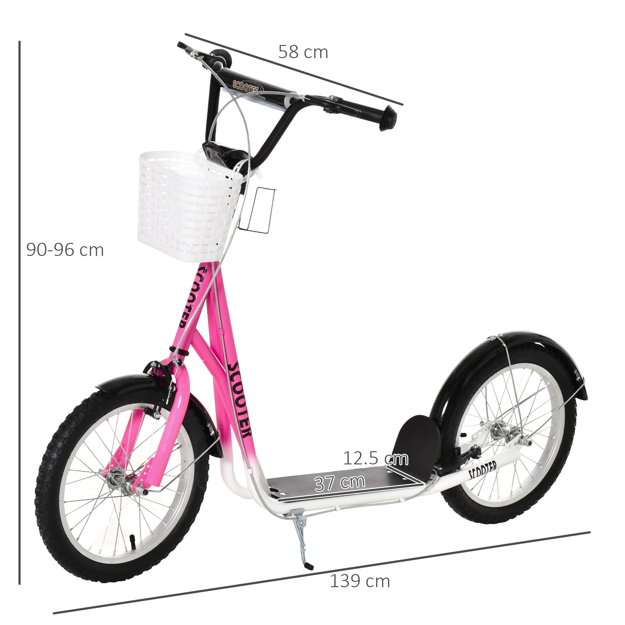 Pink and black homcom kids scooter with adjustable handlebar dual braking wide foot silver deck and 16 inch wheels