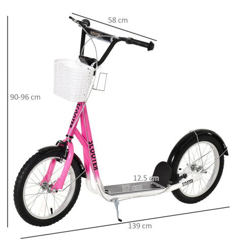 Pink and black homcom kids scooter with adjustable handlebar dual braking wide foot silver deck and 16 inch wheels