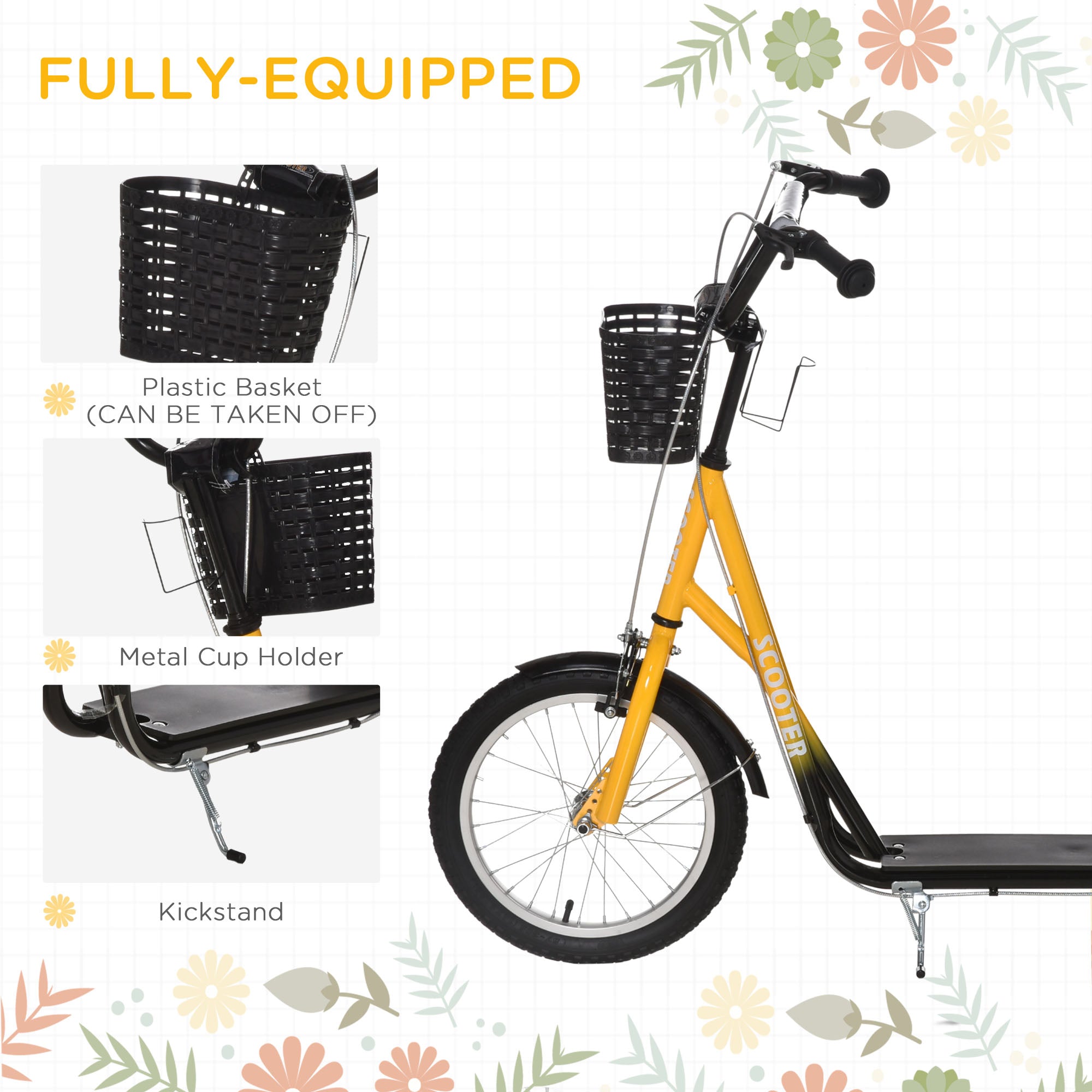Yellow and black homcom kids scooter with adjustable handlebar dual braking removable basket and metal cup holder