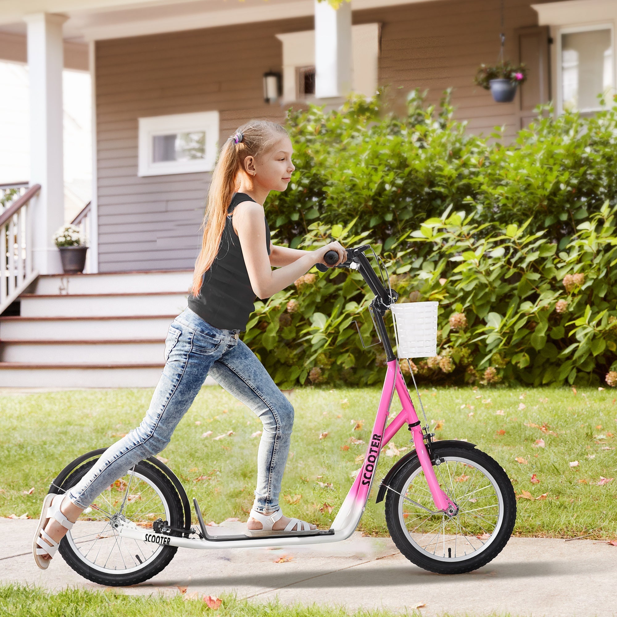 Pink and white homcom kids scooter with adjustable handlebar dual braking basket and black inflatable rubber wheels