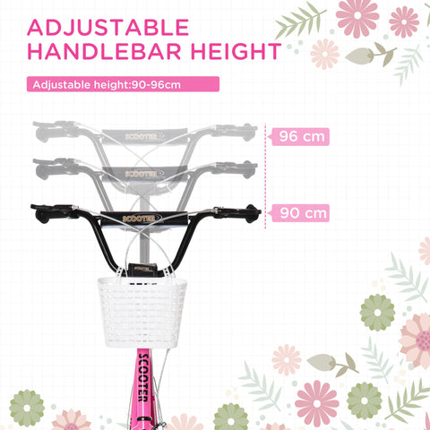 Pink homcom kids scooter with adjustable handlebar, dual braking, white woven basket, and wide foot deck for ages 5-12