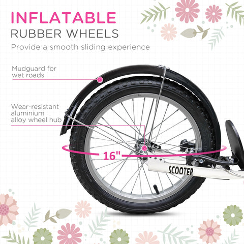 Black inflatable rubber wheel with silver alloy hub and mudguard on the back of a pink homcom kids scooter with dual braking and adjustable handlebar