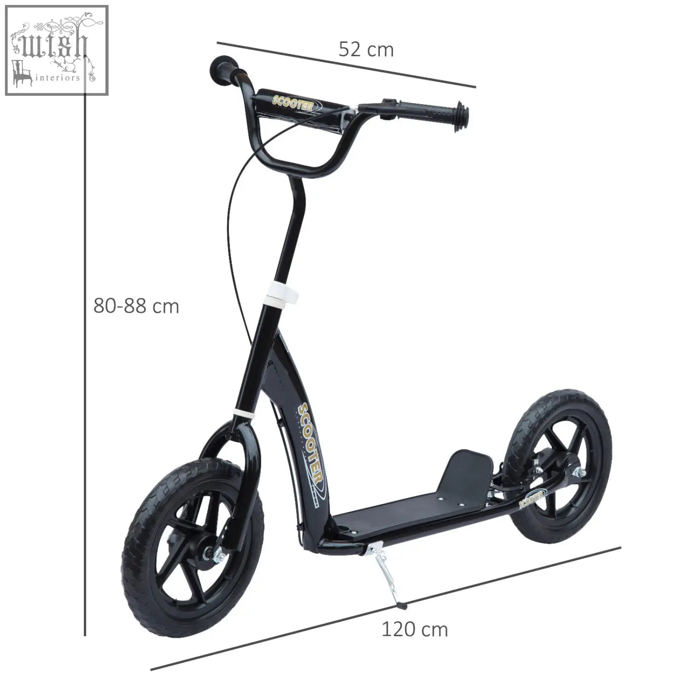 Black kids scooter with adjustable handlebars gold lettering and foot deck featuring big 12 inch eva tyres