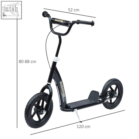 Black kids scooter with adjustable handlebars gold lettering and foot deck featuring big 12 inch eva tyres