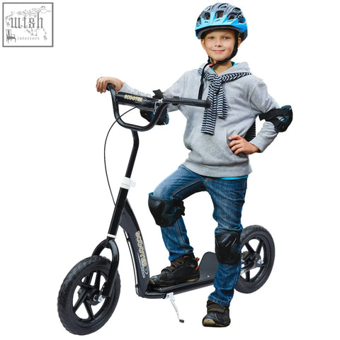Black homcom kids scooter with adjustable handlebars foot deck 12 inch eva tyres and blue black helmet and pads