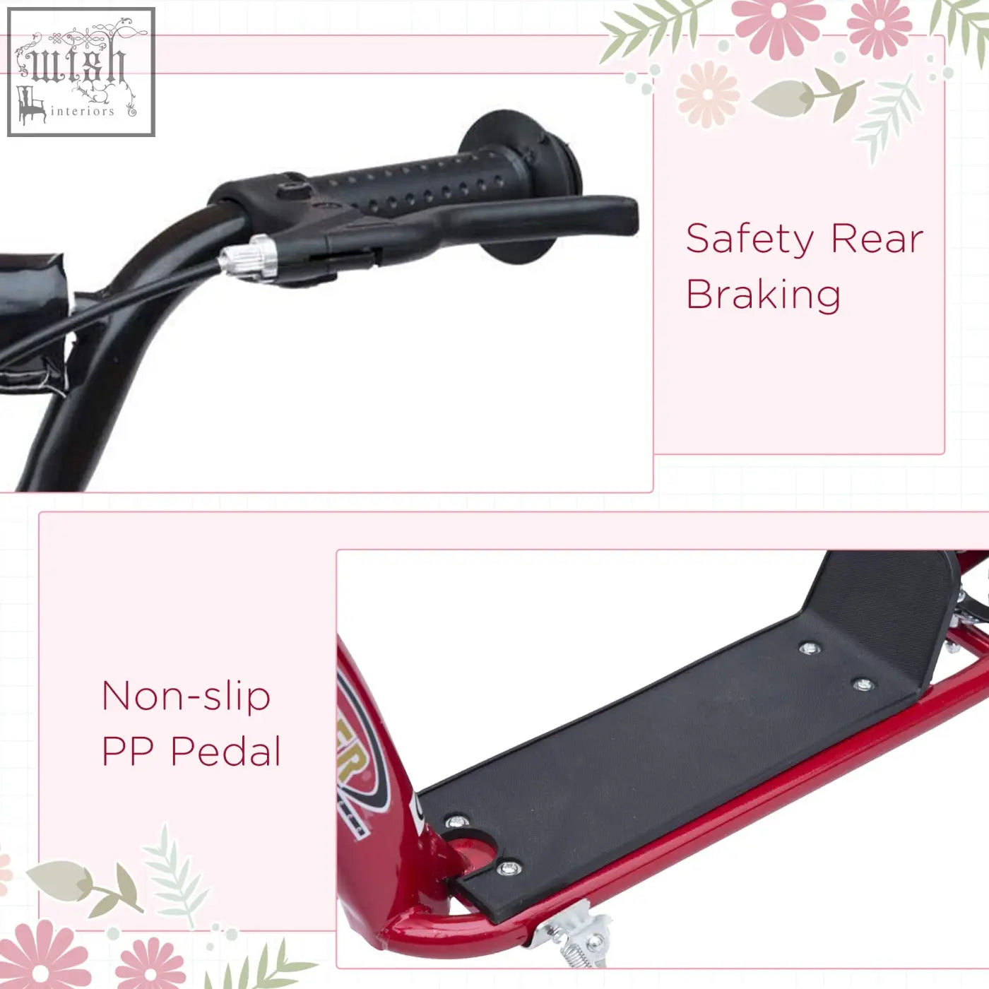 Red HOMCOM kids scooter with adjustable black handlebars and red foot deck featuring non-slip pp pedal