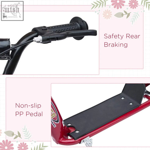 Red HOMCOM kids scooter with adjustable black handlebars and red foot deck featuring non-slip pp pedal