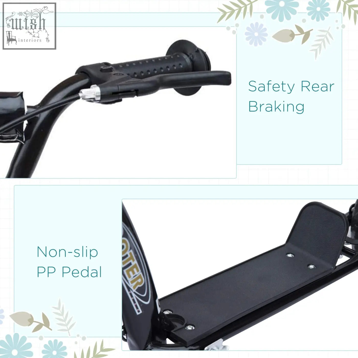 Black kids scooter handlebar with textured grip and safety rear brake for easy control and adjustable handlebars