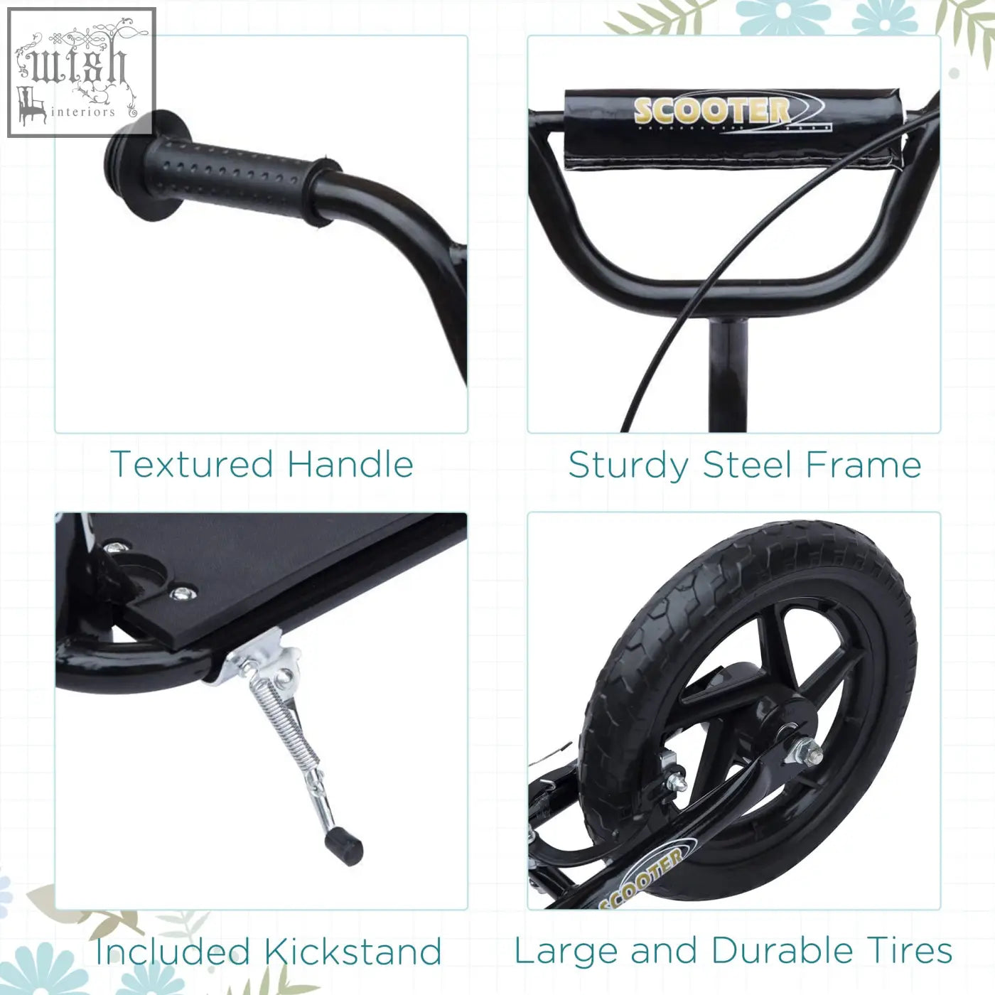 Black HOMCOM kids scooter with sturdy steel frame, adjustable handlebars, textured foot deck, and large EVA tyres