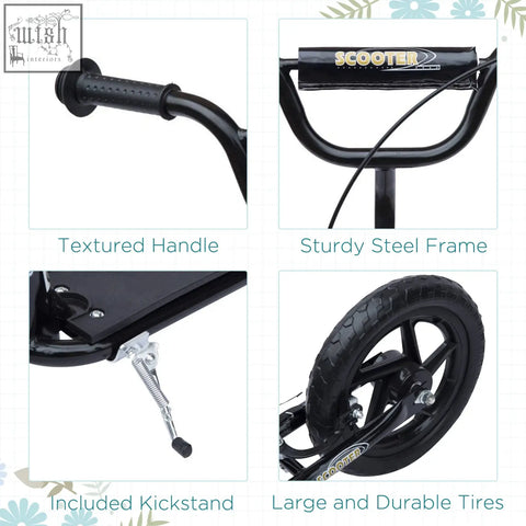 Black HOMCOM kids scooter with sturdy steel frame, adjustable handlebars, textured foot deck, and large EVA tyres
