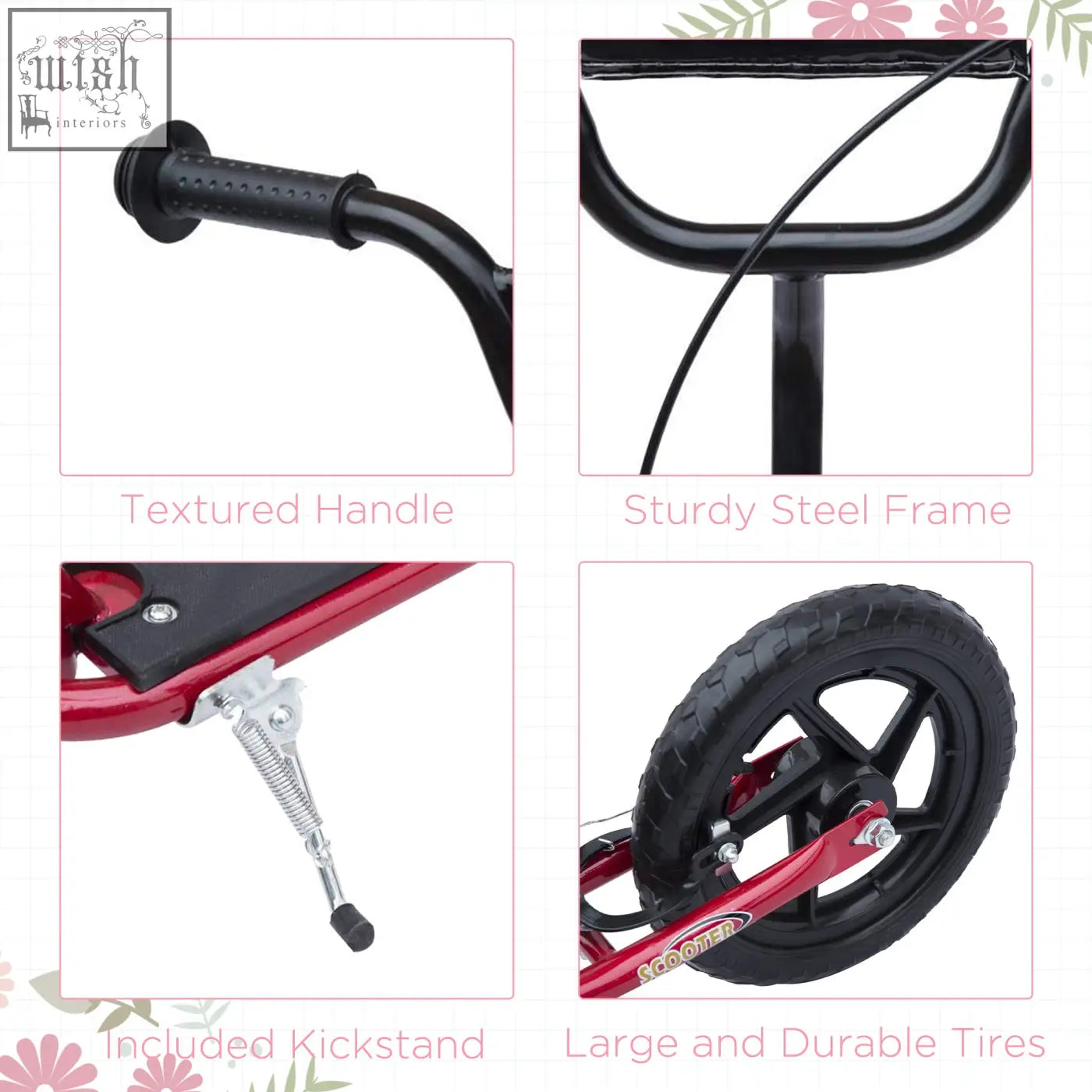 Red and black homcom kids scooter with sturdy steel frame adjustable handlebars foot deck and large EVA tyres for kids 5-12 years