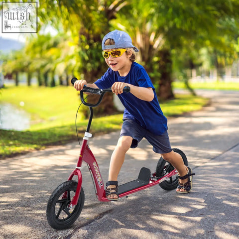 Red kids scooter with adjustable handlebars and foot deck featuring 12 eva tyres and rear brake for ages 5 to 12