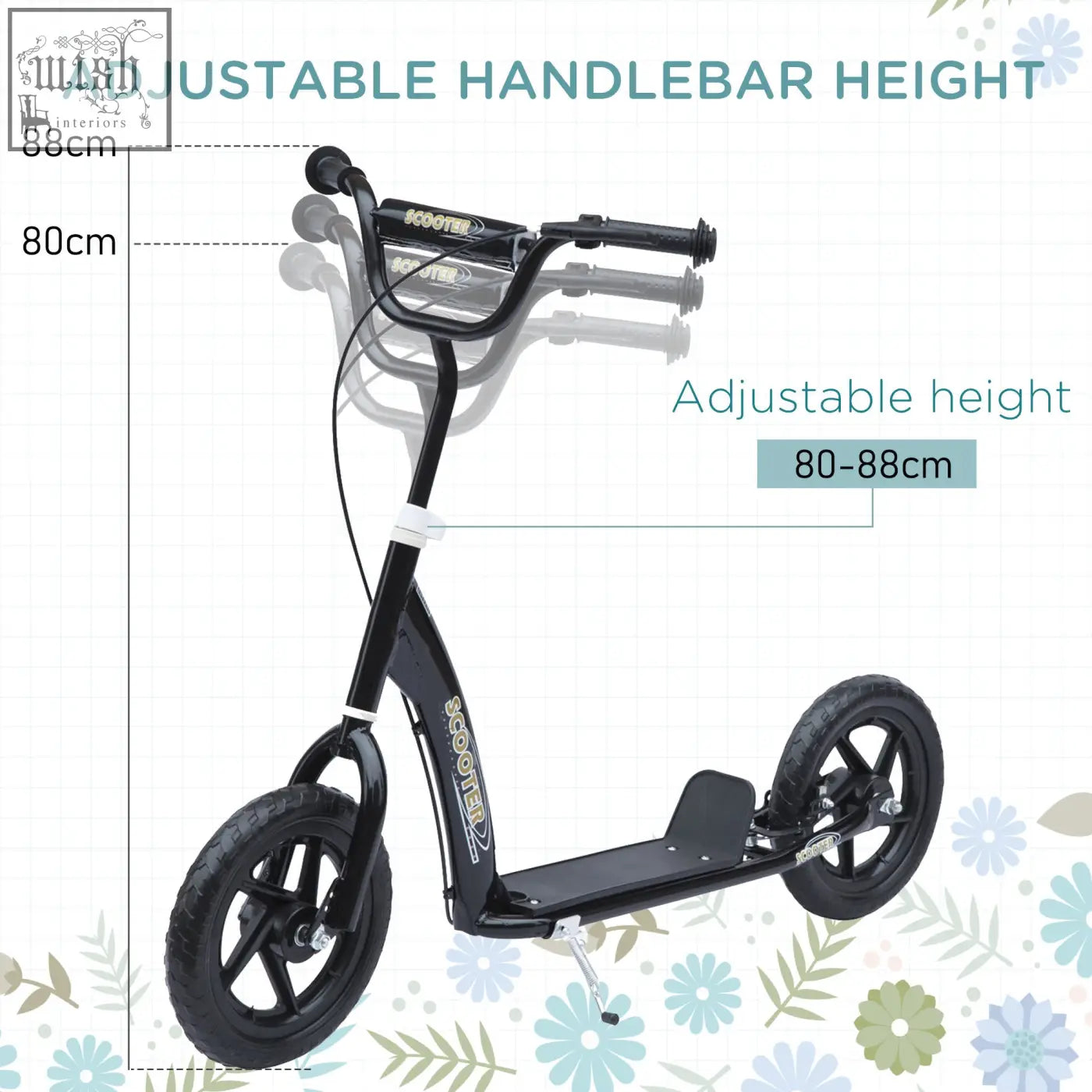 Black homcom kids scooter with adjustable handlebars, durable metal frame, foot deck, and 12 inch eva tyres