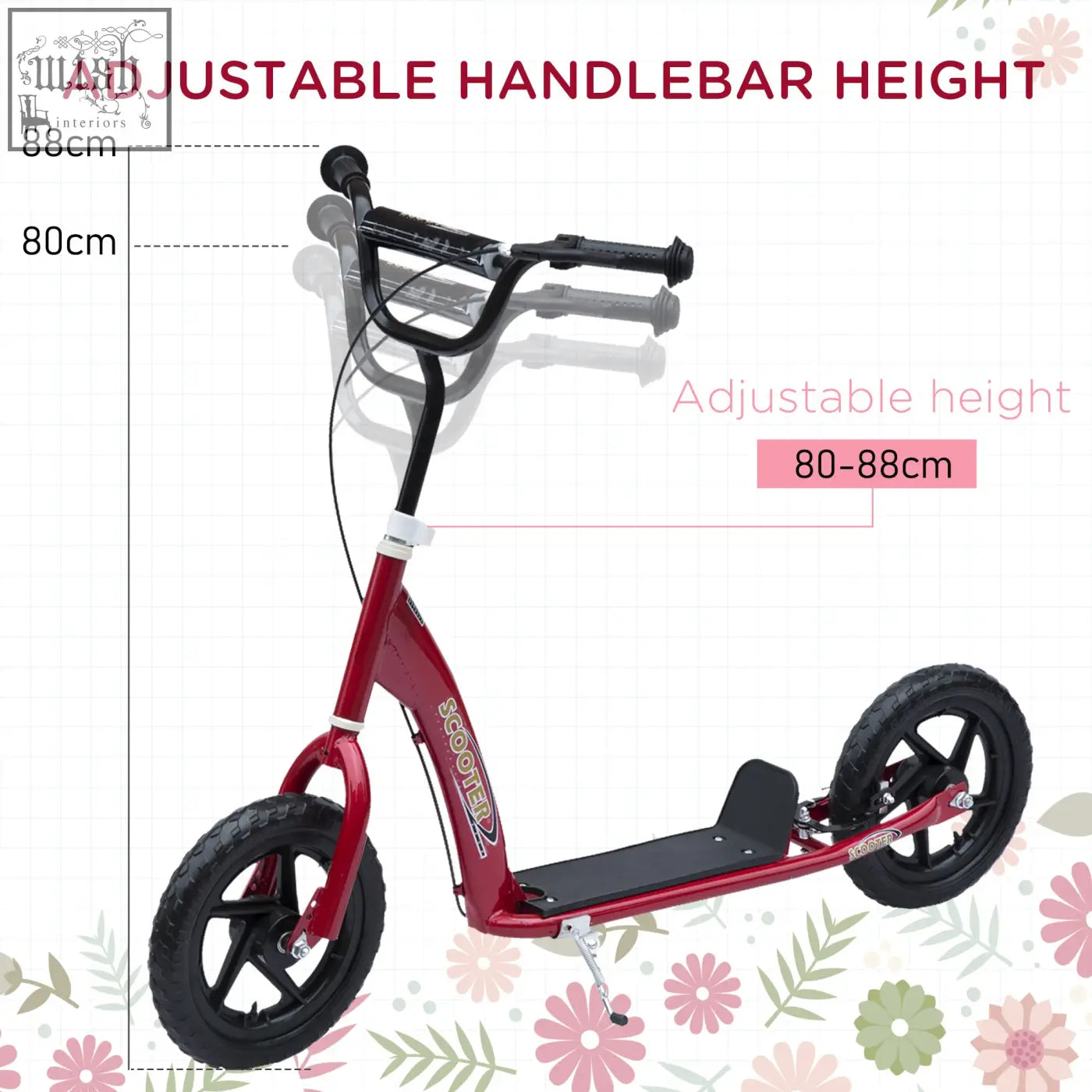 Red homcom kids scooter with black adjustable handlebars and foot deck featuring 12 inch eva tyres and rear brake