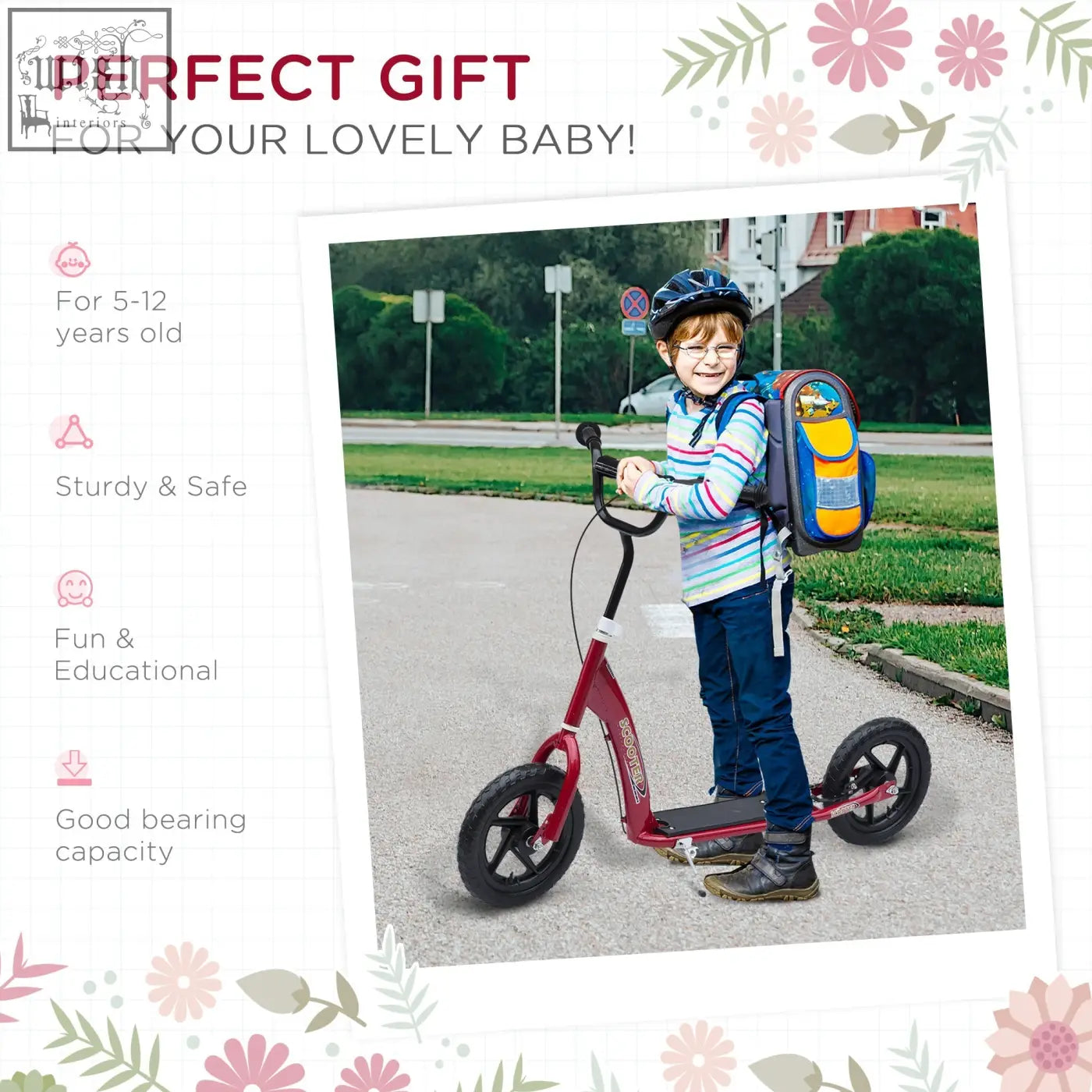 Red HOMCOM kids scooter with adjustable handlebars foot deck 12 inch EVA tyres and attached backpack for ages 5-12