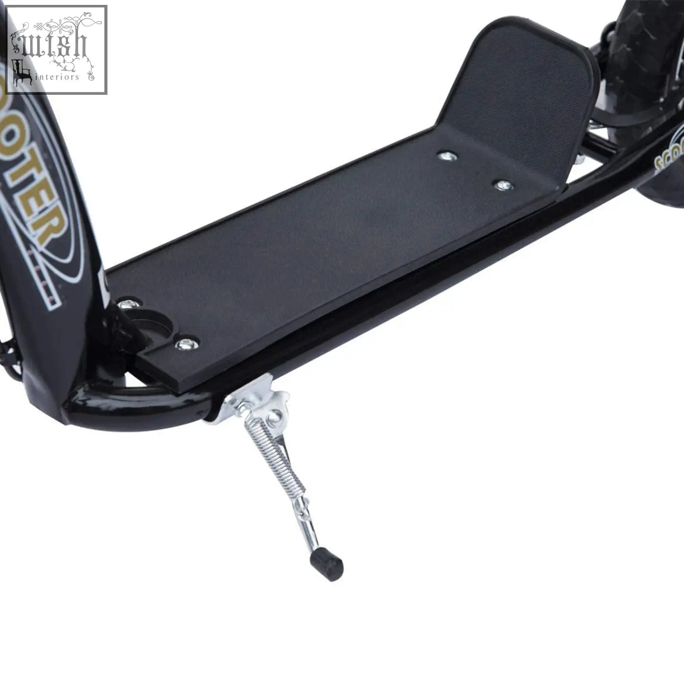 Black kids scooter foot deck with textured grip and silver metal kickstand for stable riding and easy parking