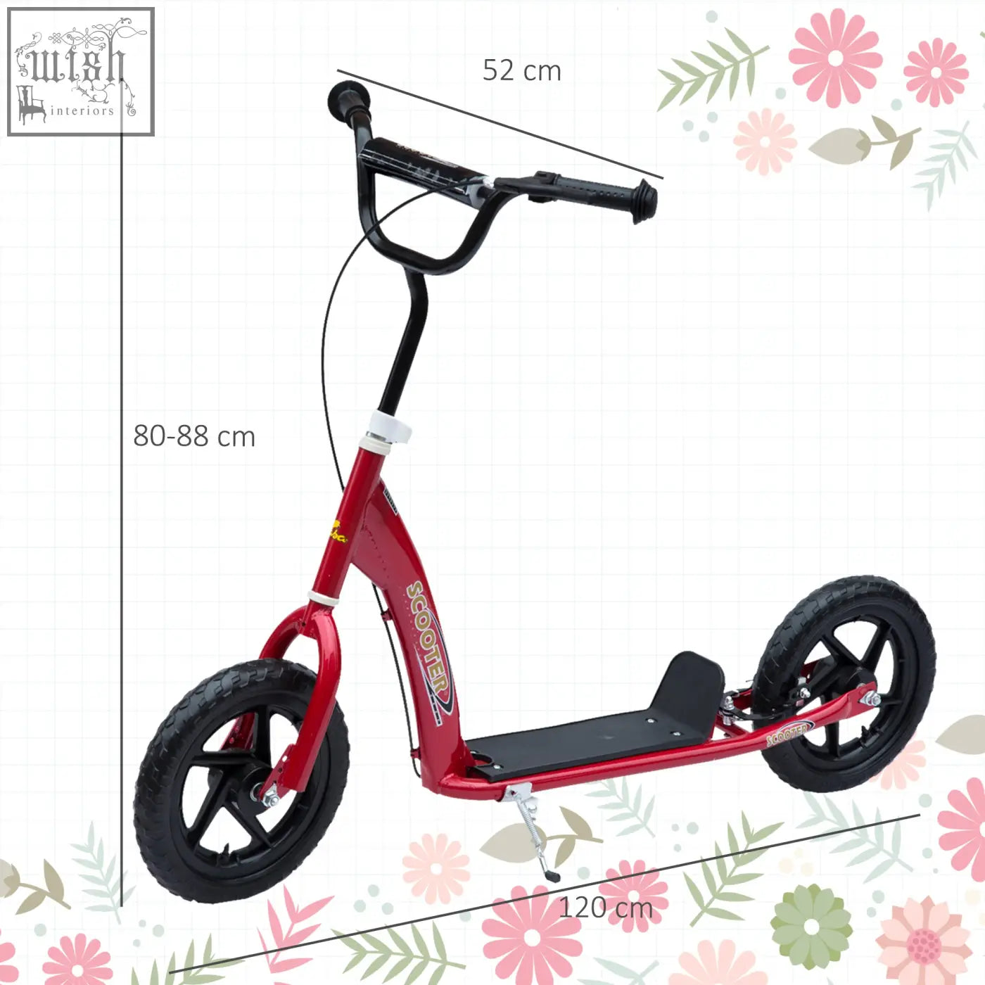 Red homcom kids scooter with adjustable handlebars black foot deck and 12 inch eva tyres for ages 5 to 12