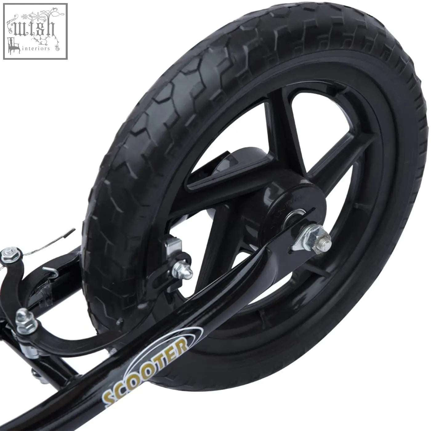 Black kids scooter wheel with textured rubber tire and sleek glossy metal rim for easy riding and adjustable handlebars