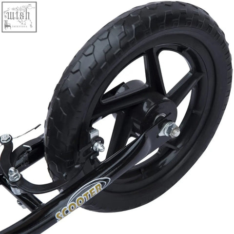 Black kids scooter wheel with textured rubber tire and sleek glossy metal rim for easy riding and adjustable handlebars