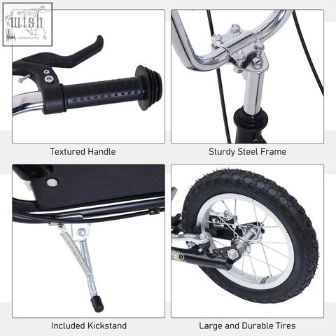 Black HOMCOM kids scooter with textured handle, sturdy steel frame, wide foot deck, and large rubber wheels for kids 5+