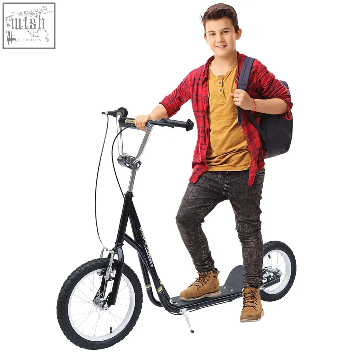 Black homcom kids scooter with silver handlebars white rims and wide foot deck for ages 5 plus
