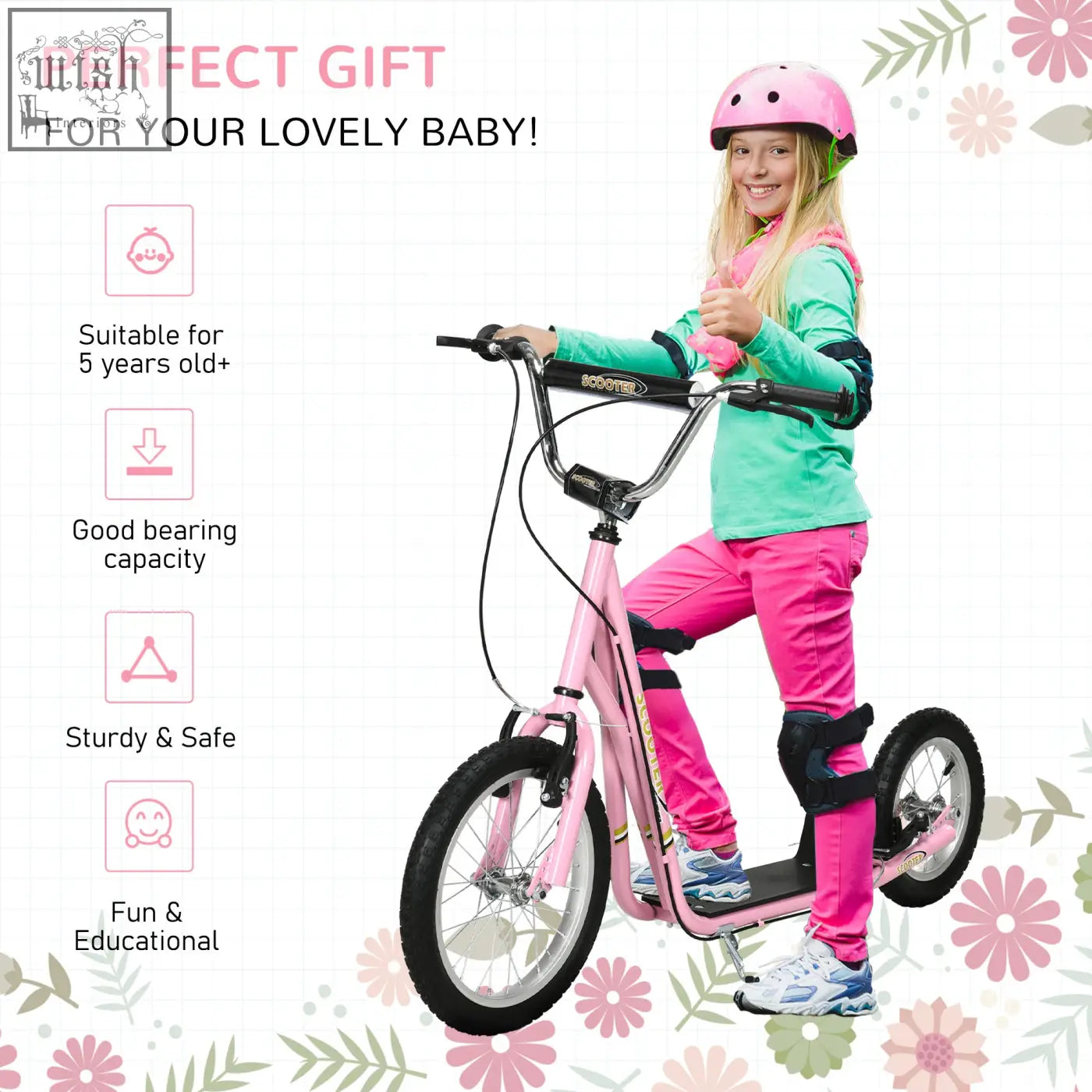 Pink homcom kids scooter with wide foot deck black handlebars rubber wheels and adjustable handlebar for ages 5+