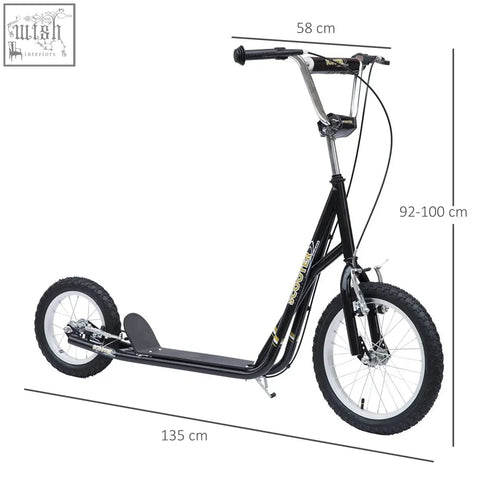 Black homcom kids scooter with silver handlebars white rims wide foot deck rubber wheels and dual brakes for ages 5+
