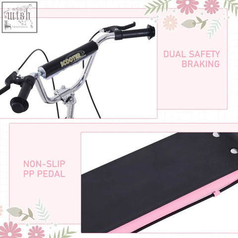 Homcom kids scooter in black and pink with chrome handlebars and non slip pp pedal on a wide foot deck