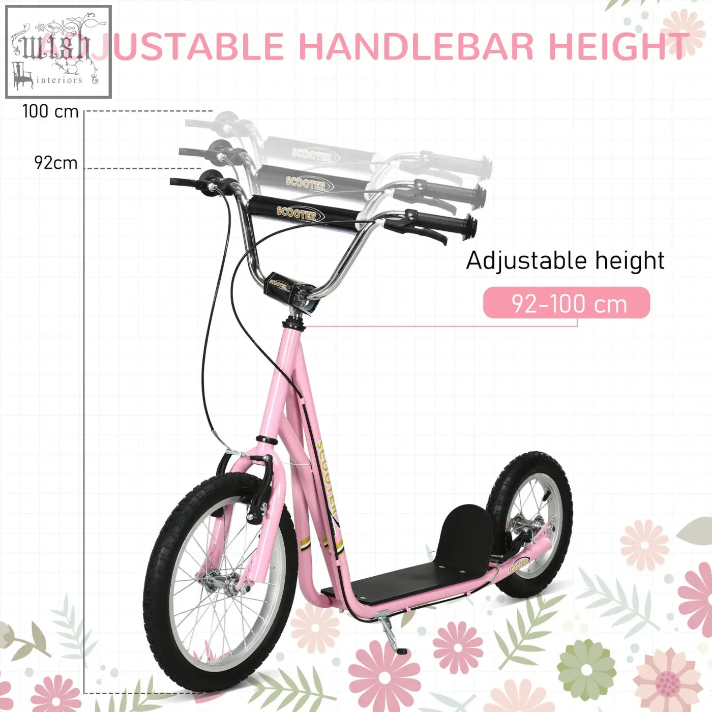 Pink HOMCOM kids scooter with adjustable handlebar, black grips, metallic frame, and wide foot deck for ages 5 plus