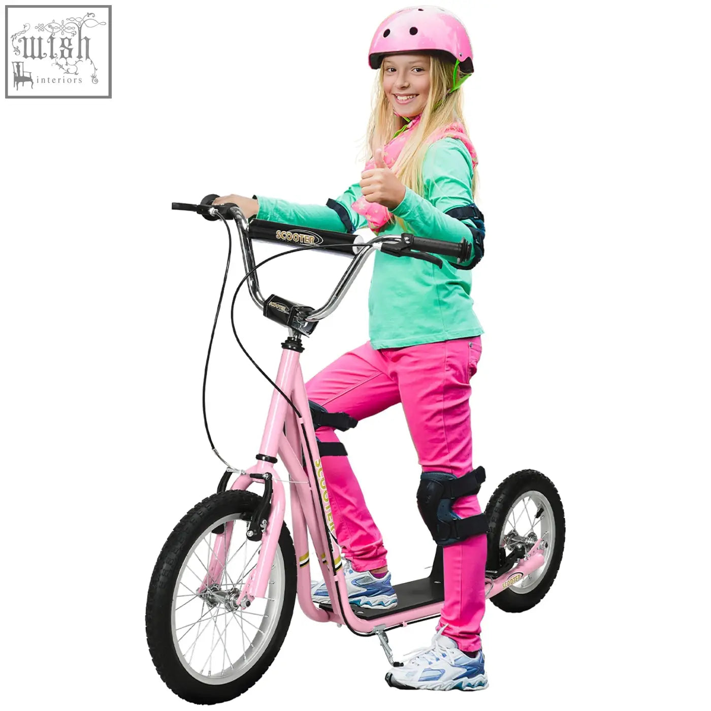 Pink homcom kids scooter with sleek metallic frame black wheels handlebars and wide foot deck for ages 5 plus