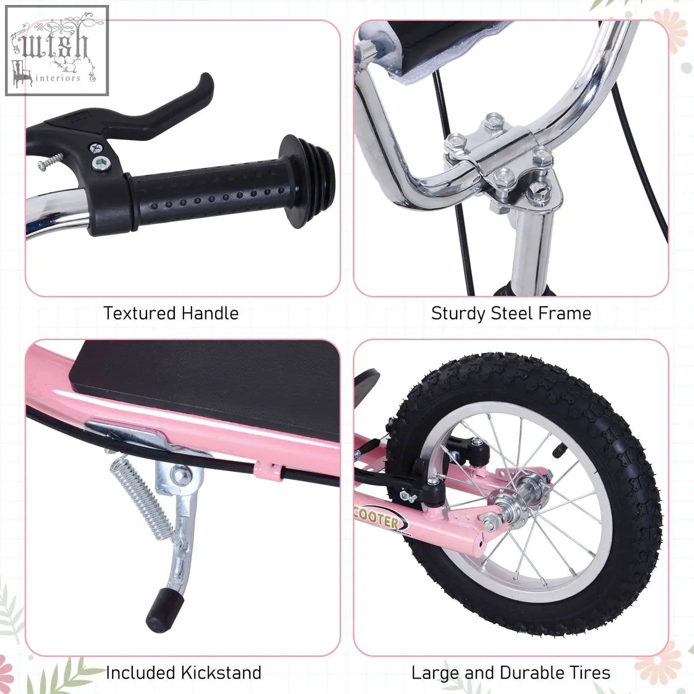 Pink homcom kids scooter with chrome frame black handlebars and wide foot deck for ages 5 plus years