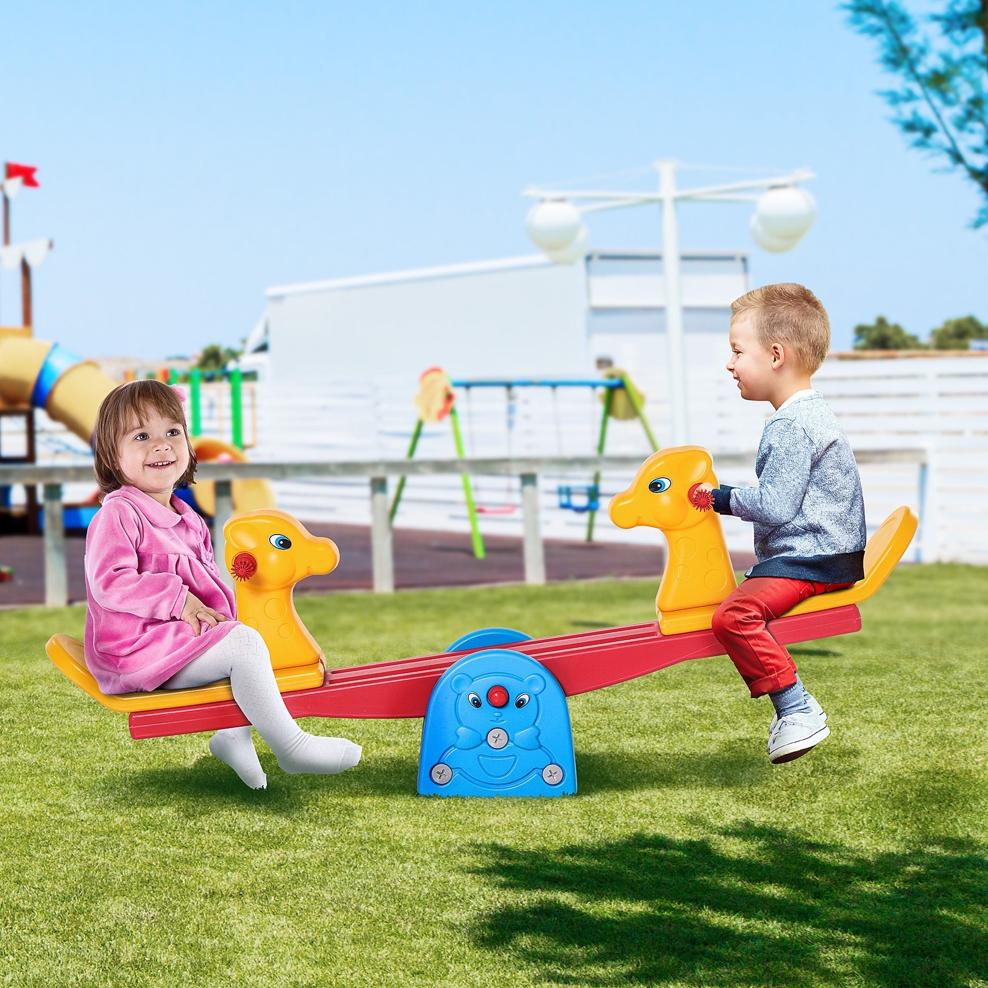 Homcom kids seesaw in yellow and red with blue bear base featuring colourful animal design for safe indoor outdoor play