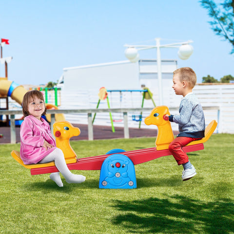 Homcom kids seesaw in yellow and red with blue bear base featuring colourful animal design for safe indoor outdoor play