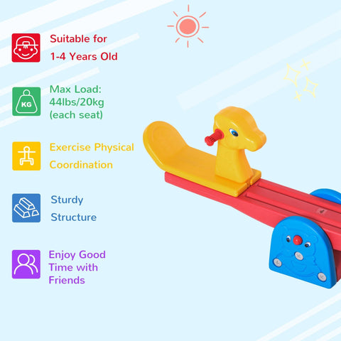Homcom kids seesaw bright yellow and red plastic kids seesaw with blue base colourful animal design for indoor outdoor play