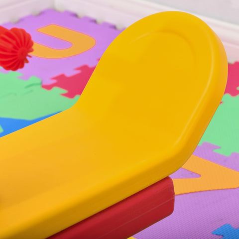 Bright yellow plastic seat with smooth rounded design on homcom kids seesaw featuring colourful animal design