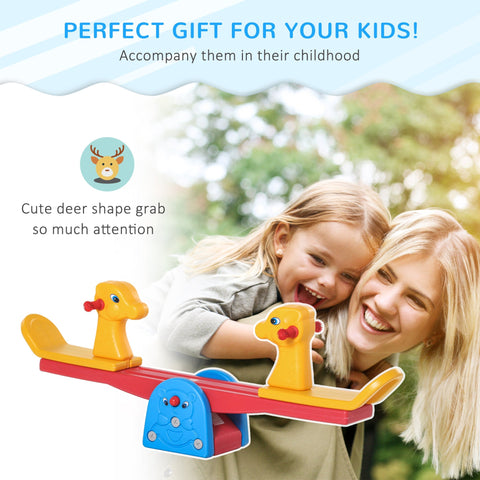 Multicolor homcom kids seesaw with bright yellow deer seats and blue base featuring colourful animal design for toddlers