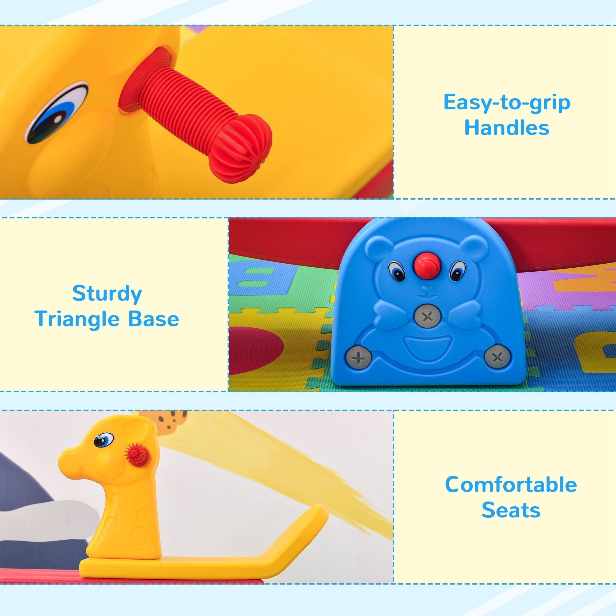 Yellow plastic rocking horse with red handles and blue bear base for homcom kids seesaw colourful animal design