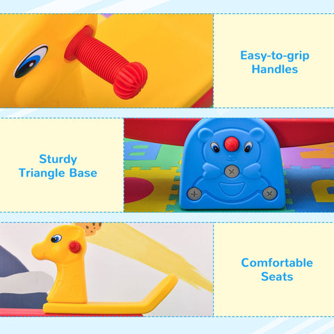 Yellow plastic rocking horse with red handles and blue bear base for homcom kids seesaw colourful animal design