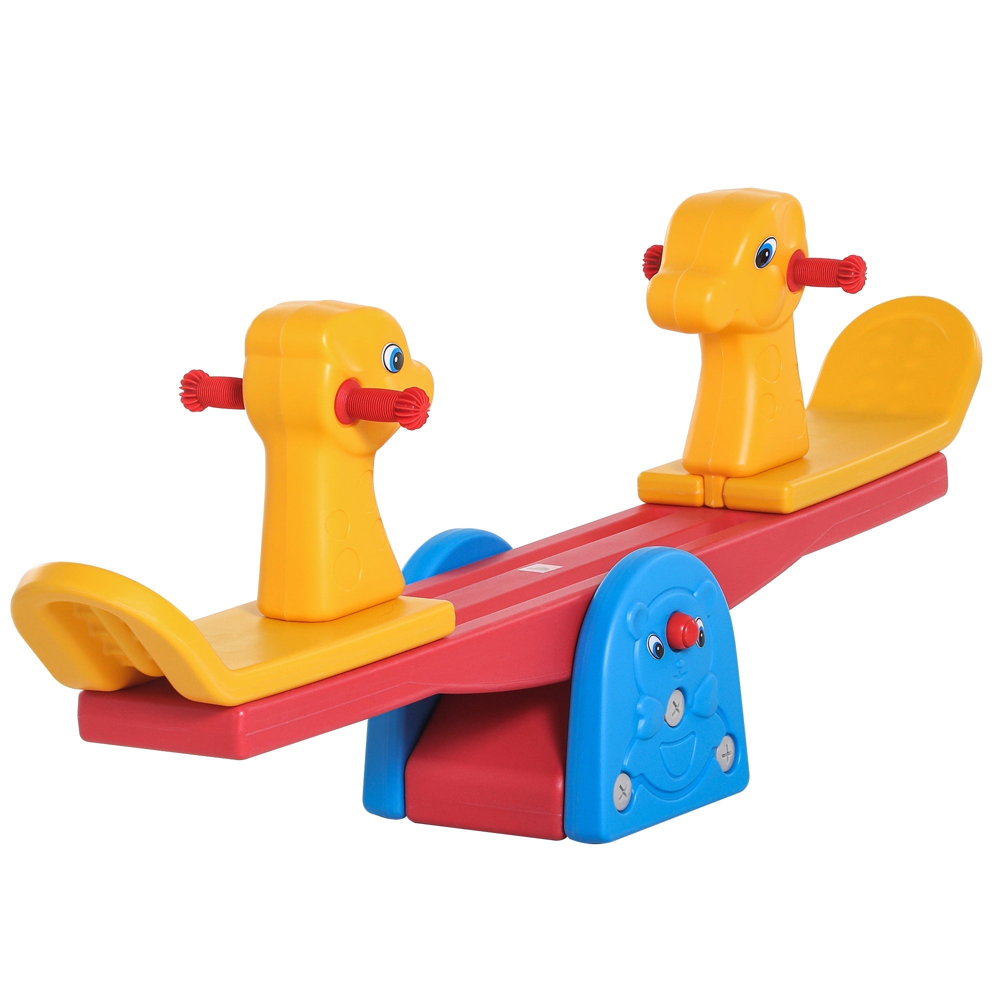 Bright yellow homcom kids seesaw with red handles and blue base in a colourful animal design for indoor outdoor play